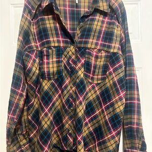 Free People Shoulder Cut Out Plaid Flannel Top Large